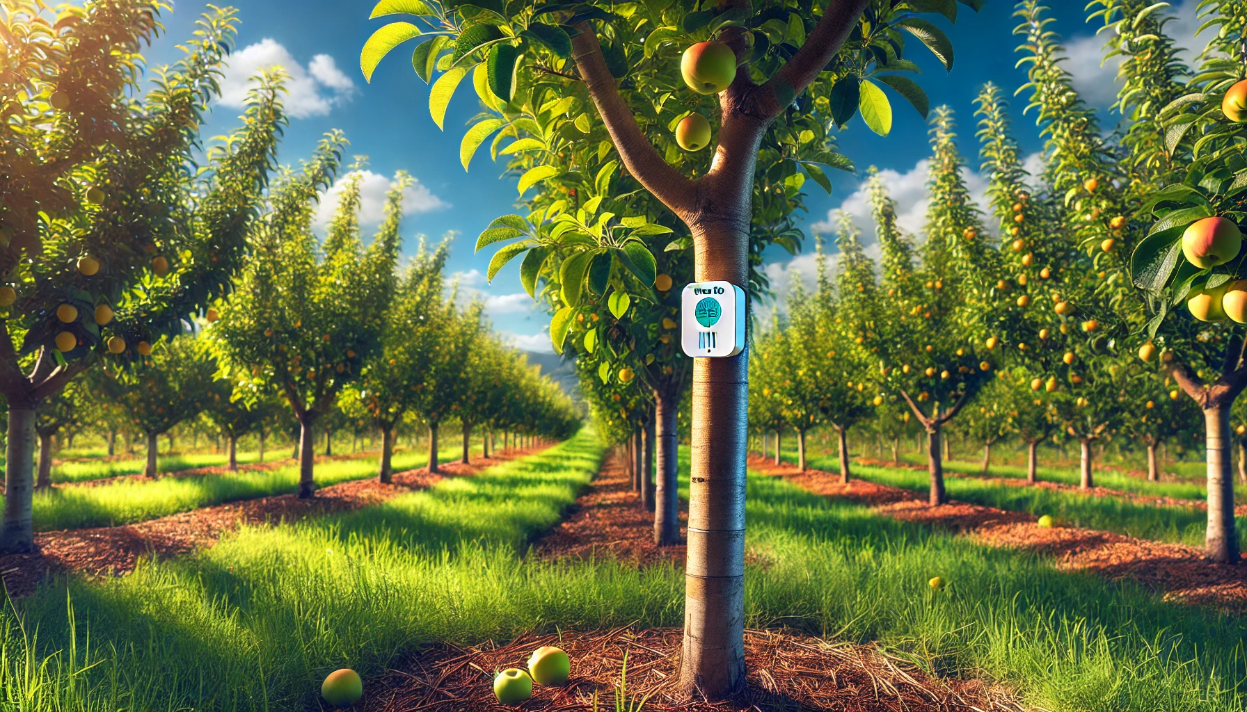 Boomgaard met draadloze TreeTag-dendrometer op een fruitboom