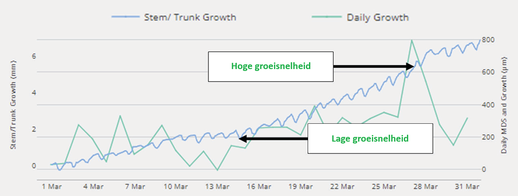 Stamgroei curves met aanduiding van groeisnelheid van een boom