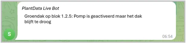 Whatsapp bericht van de irrigatie monitoring bot van PlantData.Live