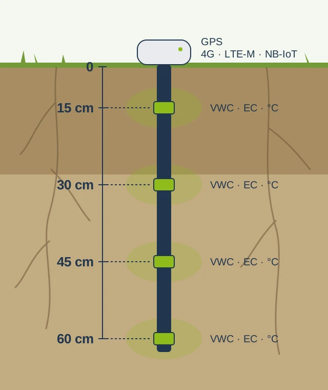Schema van een bodemvochtsonde met vier meetzones op 15, 30, 45 en 60 cm