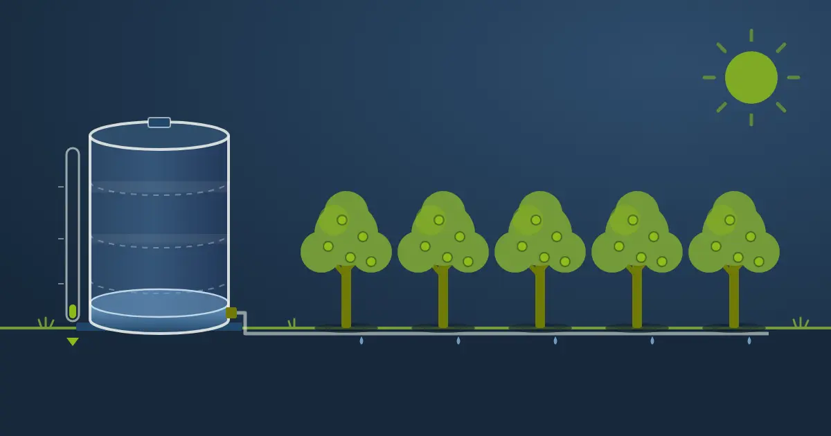 Illustratie van een waterbuffer met peilmeter die een boomgaard beregent